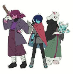 1boy 1girl 1other axe bandaged_arm bandages black_cloak black_gloves blue_hair blue_skin cape cloak colored_skin commentary deltarune english_commentary fingerless_gloves furry furry_female furry_male glasses gloves goat_boy goat_horns green_robe grey_haori hand_on_own_hip highres holding holding_axe hood hooded_cloak horns hydrokinesis kris_(dark_world)_(deltarune) kris_(deltarune) pants pink_eyes pink_horns ponytail purple_hair purple_pants purple_shirt ralsei red_cape reptile_girl robe round_eyewear shirt susie_(deltarune) sword utdr_(toby_fox) water weapon yokuyo 