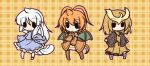  3girls brown_hair capelet chibi dewgong dragonite fang fushigi_ebi highres horn long_hair multiple_girls noctowl orange_hair outline personification plaid plaid_background pokemon pokemon_(game) pokemon_gsc pokemon_rgby smile solid_oval_eyes tail white_hair wings 