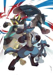  4others absurdres alternate_color black_fur blue_fur closed_mouth evolutionary_line furry highres jjfsantos lucario mega_lucario mega_pokemon multicolored_fur multiple_others open_mouth pokemon pokemon_(creature) pokemon_focus red_eyes red_fur riolu shiny_pokemon snout spikes yellow_fur 