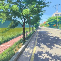  building commentary_request field grass highres kolo_2020 korean_commentary landscape no_humans original pavement power_lines road scenery shadow street sunset tree utility_pole wire_fence 