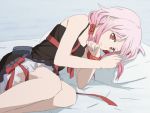  artist_request bed cushion dress guilty_crown hair_ornament lips looking_at_viewer lying on_bed on_side orange_eyes pillow pink_hair ribbon sakuyamelody solo yuzuriha_inori 