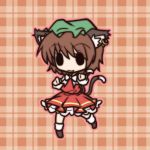  1girl :3 animal_ears brown_hair cat_ears cat_tail chen chibi dress fang fushigi_ebi hat jewelry multiple_tails outline plaid plaid_background single_earring solid_oval_eyes solo tail touhou 