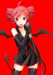  1girl ahoge bat_wings demon_tail drill_hair elbow_gloves gloves kasane_teto looking_at_viewer microphone microphone_stand open_mouth pink_hair red_background red_eyes short_dress short_hair simple_background solo star star-shaped_pupils symbol-shaped_pupils tail thighhighs toudou_charo tr twin_drills twintails utau wings zettai_ryouiki 