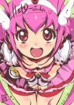  2012 :d blush cure_happy dated dress from_above head_wings hoshizora_miyuki inoue_sora long_hair magical_girl open_mouth pink_eyes pink_hair precure shorts_under_skirt signature smile smile_precure! tiara translated very_long_hair 