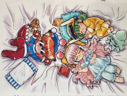  3girls ai_(g-on_riders) alien animal_ear_fluff animal_ears babydoll barefoot bed_sheet blue_babydoll blue_hat blue_pajamas blush_stickers book cat_ears cat_girl closed_eyes dinosaur_costume dinosaur_tail energy_gun eyewear_on_head fake_antennae from_above g-on_riders glasses goggles goggles_on_headwear gun handgun hard_hat hashtag-only_commentary hat headphones helmet highres kokomahi long_hair mako_(g-on_riders) medium_hair mini_eyewear multiple_girls nightcap official_art open_mouth orange_hair pajamas pao_(g-on_riders) parted_lips pillow round_eyewear rubber_duck sleeping squid sunglasses tail traditional_media very_long_hair weapon yellow_pajamas 