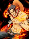  belt black_background black_hair bracelet fire freckles grin hat izumi_aki jewelry male necklace one_piece pants portgas_d_ace red_eyes shirtless smile solo 