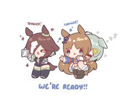  3girls absurdres animal_ears armband asymmetrical_footwear black_jacket black_pantyhose black_shorts black_thighhighs blue_eyes blue_jacket blush bow breasts brown_hair carrying chibi closed_eyes commentary crop_top decrilus dress ear_bow ear_covers ear_ornament ear_ribbon english_commentary english_text flask flower grass_wonder_(stone-piercing_blue)_(umamusume) grass_wonder_(umamusume) grey_hair hair_between_eyes hair_flower hair_ornament hair_over_one_eye hairclip highres holding holding_flask horse_ears horse_girl horse_tail jacket long_hair long_sleeves looking_at_viewer midriff mismatched_footwear multicolored_hair multiple_girls open_mouth pantyhose piggyback red_armband sailor_collar seiun_sky_(reeling_in_the_big_one)_(umamusume) seiun_sky_(umamusume) shirt short_hair shorts single_ear_cover skirt sleeping smile star_(symbol) sunflower sunflower_hair_ornament tail thigh-highs umamusume vodka_(umamusume) vodka_(wild_top_gear)_(umamusume) white_bow white_dress white_hair white_sailor_collar white_shirt zzz 