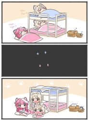 +_+ 3_3 3girls :3 absurdres alternate_costume animal_ears bed blonde_hair blue_hair blush_stickers box bunk_bed cardboard_box chattino_(raora_panthera) closed_mouth dog_ears dog_tail english_commentary english_text futon fuwawa_abyssgard hair_intakes highres holding_own_tail hololive hololive_english long_hair mococo_abyssgard mpien multicolored_hair multiple_girls open_mouth pajamas panther_ears panther_girl panther_tail perroccino_(fuwamoco) pillow pink_hair raora_panthera short_hair sleeping smile streaked_hair tail virtual_youtuber white_hair 