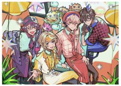  4boys akaiko_(seraph_dazzlegarden) baseball_cap beret black_gloves black_hair black_pants blonde_hair blue_eyes blue_pants border cardigan collared_shirt fura_kanato glasses gloves hair_between_eyes hashtag-only_commentary hat highres jacket kiironoko_(fura_kanato) kuroiko_(shikinagi_akira) kuzumiya_yuyu looking_at_viewer male_focus multiple_boys murasakinoko_(watarai_hibari) necktie nijisanji open_clothes open_jacket pants pink_cardigan pink_eyes pink_hair purple_hair purple_jacket purple_skirt red_shirt red_skirt seraph_dazzlegarden shikinagi_akira shirt short_hair short_sleeves sitting skirt smile table v violet_eyes virtual_youtuber visor_cap voltaction watarai_hibari white_border white_jacket white_shirt white_skirt yellow_eyes yellow_shirt 