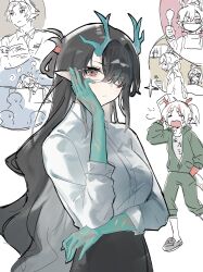  2boys 3girls alternate_costume arknights black_hair character_request dragon_girl dragon_horns dragon_tail dusk_(arknights) glasses hair_over_one_eye highres horns ling_(arknights) looking_at_viewer multiple_boys multiple_girls nian_(arknights) office_lady red_eyes shu_(arknights) tail yao_kkkrrr yu_(arknights) 