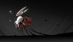  2girls arthropod_girl black_eyes black_skin blank_eyes bug butterfly carrying cloak colored_skin commentary dark english_commentary f-n-chabry from_side furry furry_female gradient_background hands_up highres hollow_knight hollow_knight:_silksong hornet_(hollow_knight) joints lace_(hollow_knight) multiple_girls princess_carry profile red_cloak slime_(substance) torn_cloak torn_clothes white_butterfly 