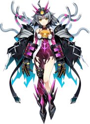  1girl ahoge artist_request black_jacket cable chest_strap closed_mouth duel_masters duel_masters_play's expressionless full_body grey_hair hair_ornament jacket key leotard mecha_musume medium_hair official_art open_clothes open_jacket purple_leotard shoes solo torn_clothes torn_leotard transparent_background vambraces vest vivi_(duel_masters_play's) white_vest yellow_eyes 