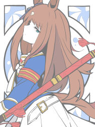  1girl animal_ears blue_eyes blue_shirt brown_hair closed_mouth from_side grass_wonder_(stone-piercing_blue)_(umamusume) grass_wonder_(umamusume) highres horse_ears horse_girl horse_tail kawamochi_(tddm3573) long_hair looking_at_viewer looking_to_the_side multicolored_hair pleated_skirt sailor_collar shirt skirt solo tail two-tone_hair umamusume very_long_hair white_hair white_sailor_collar white_skirt 