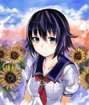  blue_eyes blue_hair flower nerotarou@seven photokano sanehara_hikari school_uniform shimotsuki_eight smile solo sunflower 