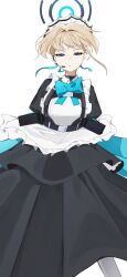  1girl :o absurdres ahoge apron belt belt_pouch black_belt black_dress blonde_hair blue_archive blue_bow blue_bowtie blue_eyes blue_halo blue_ribbon bow bowtie chest_harness dot_nose dress earpiece expressionless feet_out_of_frame floating_clothes floating_hair framed_breasts frilled_apron frills hair_intakes hair_ribbon halo harness headset high_belt highres layered_dress legs_apart long_dress looking_at_viewer maid maid_apron maid_headdress narrowed_eyes parted_lips pixie_cut pouch puffy_sleeves ribbon short_hair solo standing tactical_maid toki_(blue_archive) turtleneck turtleneck_dress unconventional_maid v_vv very_short_hair white_apron white_background wind wing_collar 