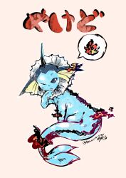  animal_focus animal_hands blue_eyes blue_fur burning bwmtk1110 cetacean_tail closed_mouth fins fish_tail full_body head_fins highres looking_at_viewer no_humans one_eye_closed pokemon pokemon_(creature) pokemon_focus simple_background sitting solo tail vaporeon yellow_background 