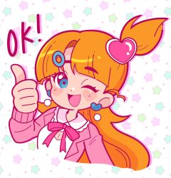  1girl ;d artist_self-insert blue_eyes blunt_bangs blush_stickers breasts cleavage_cutout clothing_cutout collared_shirt commentary cropped_torso dot_nose earrings english_commentary english_text frilled_shirt_collar frills hair_ornament hairclip hand_up heart heart-shaped_blush_stickers heart_cutout heart_earrings heart_hair_ornament highres indie_virtual_youtuber jacket jewelry lapels long_hair long_sleeves looking_at_viewer marikyuunn marikyuunn_(vtuber) marikyuunn_(vtuber)_(classic) medium_breasts neck_ribbon one_eye_closed one_side_up open_clothes open_jacket open_mouth orange_hair pink_jacket pink_ribbon ribbon shirt smile solo star_(symbol) star_symbol_background tareme thick_eyebrows thumbs_up very_long_hair virtual_youtuber white_background white_shirt 