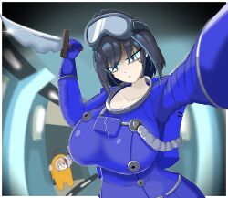 absurdres ahoge among_us blue_(among_us) blue_(among_us)_(cosplay) blue_eyes blue_hair breasts brown_hair colored_inner_hair cosplay crewmate_(among_us) crewmate_(among_us)_(cosplay) gigi_murin hair_intakes highres holding holding_knife holding_weapon hololive hololive_english knife large_breasts looking_at_viewer multicolored_hair orange_(among_us) orange_(among_us)_(cosplay) short_hair spacesuit themastersos two-tone_hair virtual_youtuber weapon 