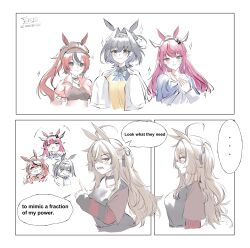  absurdres agnes_tachyon_(umamusume) agnes_tachyon_(umamusume)_(cosplay) alternate_costume animal_ears blue_eyes blue_hair blush brown_capelet brown_cloak brown_corset capelet chain chain_headband cloak clothing_cutout corset cosplay crystal_wings demon_horns ear_covers emo_fashion extra_ears feathers gloryaldelly hair_intakes hakos_baelz hat highres holocouncil hololive hololive_english horns horse_ears horse_girl horse_tail horseshoe_ornament irys_(hololive) jellyfish_cut kemonomimi_mode long_hair mouse_girl multicolored_hair multiple_horns nanashi_mumei ouro_kronii pointy_ears purple_shirt red_hair ribbon_earrings school_uniform shirt simple_background spikes streaked_hair sweater_under_shirt tail tracen_school_uniform umamusume underboob_cutout virtual_youtuber wings 