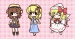  3girls :d ;) ^_^ bag blonde_hair bow brown_hair chibi closed_eyes cross cross_necklace dress eyes_closed fushigi_ebi hair_bow hair_ribbon hat hat_ribbon holding lily_white maribel_hearn multiple_girls open_mouth outline outstretched_arms plaid plaid_background ribbon smile solid_oval_eyes touhou usami_renko wings wink 