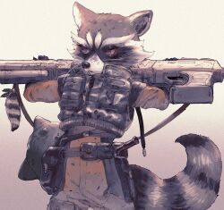  1boy animal_ear_headwear animal_ears belt_bag black_helmet black_vest closed_mouth furry furry_male guardians_of_the_galaxy gun gun_on_back helmet highres holding holding_gun holding_weapon jumpsuit looking_to_the_side male_focus marvel mike831g orange_jumpsuit over_shoulder raccoon_boy raccoon_ears raccoon_tail rocket_raccoon tail unworn_headwear unworn_helmet vest weapon weapon_on_back weapon_over_shoulder whiskers 