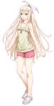  bare_shoulders blue_eyes blush bow copyright_request cozy hair_bow hairband long_hair looking_at_viewer sandals shorts simple_background smile solo very_long_hair 