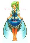  aqua_eyes barefoot bloomers blush daiyousei green_hair petals pointy_ears sachito side_ponytail skirt skirt_basket skirt_lift solo standing tiptoes touhou wings 