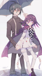  2boys :o aegyo_sal ahoge arm_belt belt belt_buckle black_jacket black_pants black_scarf black_shoes blue_hair blue_shoes blue_umbrella buckle buttons chain checkered_clothes checkered_scarf cloak collared_jacket colored_tips commentary_request danganronpa_(series) danganronpa_v3:_killing_harmony double-breasted dress_pants dress_shoes eyelashes full_body grey_cloak hair_between_eyes height_difference high_collar holding holding_another&#039;s_wrist holding_umbrella hood hood_down hooded_cloak jacket layered_sleeves long_sleeves looking_at_another male_focus multicolored_buttons multicolored_hair multicolored_shoes multiple_belts multiple_boys oma_kokichi open_belt open_mouth pants parted_lips patchwork_clothes pinstripe_jacket pinstripe_pants pinstripe_pattern pocket puddle purple_cloak purple_hair purple_shoes saihara_shuichi sakura_(fein5862817) scarf scolding shared_umbrella shoes short_hair standing thigh_belt thigh_strap torn_clothes torn_jacket two-sided_cloak two-sided_fabric two-tone_scarf two-tone_shoes umbrella undershirt v-shaped_eyebrows violet_eyes wet white_background white_belt white_jacket white_pants white_scarf yellow_eyes 