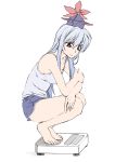  :| alternate_costume barefoot blue_hair camisole censored fake_censor feet hat highres hmx99_elf kamishirasawa_keine long_hair red_eyes scale shorts solo touhou 