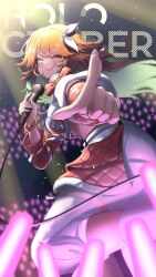  1girl absurdres bow clero_(viprimo) closed_mouth colored_inner_hair glowstick green_hair hair_ribbon highres holding holding_microphone hololive hololive_english idol microphone multicolored_hair one_eye_closed orange_bow orange_hair penlight_(glowstick) pink_eyes pointing ribbon smile solo sweat takanashi_kiara virtual_youtuber white_ribbon 