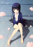  absurdres bangs barefoot black_hair blunt_bangs blurry depth_of_field feet greek_toe highres inu_x_boku_ss legs long_hair mori_yukiko official_art on_floor open_clothes open_shirt petals purple_eyes scan shadow shirakiin_ririchiyo sitting solo toes violet_eyes 