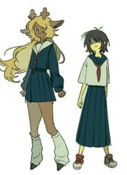  1girl 1other alternate_costume animal_ears antlers black_eyes blonde_hair blue_sailor_collar blue_serafuku blue_shirt brown_hair colored_skin commentary deer_antlers deer_ears deer_girl deltarune furry furry_female highres hooves horns kris_(deltarune) leg_warmers long_hair long_skirt long_sleeves neckerchief noelle_holiday partially_shaded_face red_neckerchief red_shoes sailor_collar school_uniform serafuku shirt shoes short_hair skirt utdr_(toby_fox) very_long_hair white_leg_warmers white_sailor_collar white_shirt yellow_skin yokuyo 