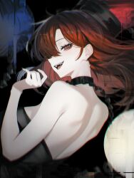  1girl absurdres alternate_costume back black_dress chain choker dress from_behind gold_chain hecatia_lapislazuli highres long_hair looking_back median_furrow off-shoulder_shirt off_shoulder red_eyes red_hair shirt shoulder_blades solo touhou underworld_(ornament) vxdrq 