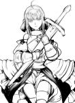  ahoge armor armored_dress bare_shoulders blonde_hair bow detached_sleeves dress fate/stay_night fate/unlimited_codes fate_(series) gauntlets hair_bow monochrome ponytail sabata_yuki saber saber_lily sheath sheathed solo sword thigh-highs thighhighs weapon 