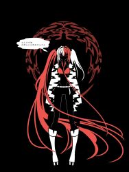  1girl alternate_skin_color arms_at_sides belt black_background black_skin black_skirt boots bra colored_skin dark fate/grand_order fate_(series) flat_color full_body half-closed_eyes highleg highleg_panties highres jacket knee_boots long_hair matsunaga_hisahide_(fate) miniskirt multicolored_hair no_mouth panties print_jacket red_bra red_hair shiiiiimamike skirt solo speech_bubble split-color_hair standing twintails two-tone_hair underwear very_long_hair white_boots white_hair white_jacket 