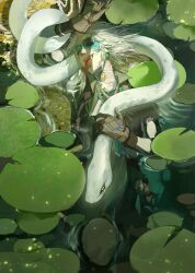  1boy absurdres animal bandaged_neck bandages braid bruise bruised_eye coin earrings fangs gloves gold_coin gold_jewelry green_eyes highres holding holding_animal holding_snake identity_v injury jewelry karuu_(heishanshe) lily_pad looking_at_viewer luca_balsa luca_balsa_(viper) necklace partially_submerged pearl_necklace popped_collar side_braid snake snake_wrapped_around_arm tattoo tongue tongue_out tribal_tattoo water wetland white_snake 