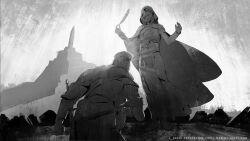  1girl 1other bearer_of_the_curse cape cloak commentary_request dark_souls_(series) dark_souls_ii dress emerald_herald feathers full_body fur_cape gauntlets greyscale helm helmet highres holding holding_feather hood hood_up hooded_cloak in-universe_location l_aciel monochrome on_one_knee pillar standing sword weapon web_address 