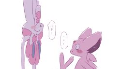  animal_focus blush bow closed_eyes closed_mouth colored_sclera espeon forked_tail foznya gem highres no_humans open_mouth pink_fur pokemon pokemon_(creature) pokemon_focus purple_sclera red_gemstone ribbon sylveon tail two-tone_fur upside-down white_fur 