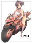  :d bare_shoulders black_eyes black_hair boots border earrings elbow_gloves gloves highres jewelry knee_boots long_legs minidress motor_vehicle motorcycle naonao77 open_mouth original outside_of_border riding shiny shiny_skin short_hair simple_background sleeveless smile solo vehicle white_background white_gloves 