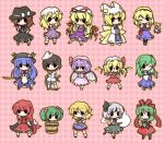  6+girls alice_margatroid anchor bat_wings black_hair blonde_hair blue_hair book bow brown_hair bucket cape capelet chibi dress everyone flandre_scarlet fox_tail frog_hair_ornament fushigi_ebi green_hair hair_bobbles hair_bow hair_ornament hair_ribbon hairband hand_to_mouth hat hat_ribbon highres hinanawi_tenshi hitodama holding holding_book in_bucket in_container kagiyama_hina kisume kochiya_sanae konpaku_youmu konpaku_youmu_(ghost) long_hair maribel_hearn mizuhashi_parsee multicolored_hair multiple_girls murasa_minamitsu okazaki_yumemi outline plaid plaid_background purple_hair red_hair redhead remilia_scarlet ribbon sailor_hat scabbard shanghai_doll sheath silver_hair solid_oval_eyes sword_of_hisou tail touhou touhou_(pc-98) twintails usami_renko wings wink yakumo_ran yakumo_yukari 