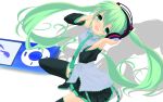  aqua_eyes aqua_hair digital_media_player hands_on_headphones hatsune_miku headphones highres listening_to_music long_hair looking_at_viewer looking_up necktie skirt smile solo terun thigh-highs thighhighs twintails very_long_hair vocaloid 