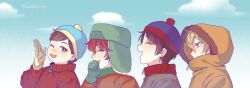  4boys absurdres animification beanie black_hair blonde_hair blue_eyes brown_eyes brown_hair closed_eyes commentary covered_mouth day english_commentary from_side fur-trimmed_hood fur_trim gloves hand_up hat highres hood hood_up jacket kyle_broflovski loadingloop looking_back male_focus multiple_boys one_eye_closed open_mouth orange_hair pom_pom_(clothes) pom_pom_beanie profile short_hair sky smile south_park ushanka 