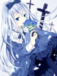  bad_id blue_eyes blue_rose bow cross dress flower hair_bow holding holding_flower kouko long_hair original rose silver_hair solo 
