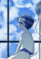  1boy antenna_hair backlighting bandaged_head bandages black_eyes black_hair blue_sky clouds commentary_request day from_side highres indoors intravenous_drip looking_ahead male_focus official_alternate_costume omori parted_lips profile shakomori_w shirt short_hair short_sleeves sky solo spoilers sunny_(hospital_gown)_(omori) sunny_(omori) tearing_up upper_body very_short_hair white_shirt window 