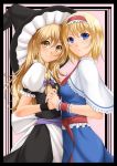  alice_margatroid apron blonde_hair blue_eyes capelet chiro dress hairband hand_holding hat holding_hands interlocked_fingers jewelry kirisame_marisa long_hair looking_at_viewer multiple_girls parted_lips ring sash short_hair smile touhou waist_apron witch witch_hat wrist_cuffs yellow_eyes 