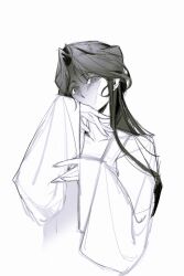  1girl absurdres collarbone covering_own_mouth cropped_torso face_in_shadow forehead greyscale half_updo highres looking_at_viewer monochrome no_mouth parted_bangs path_to_nowhere shashajitui_bot sideways_glance simple_background solo upper_body variant_set wide_sleeves yingying_(path_to_nowhere) 