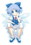  bloomers blue_dress blue_eyes blue_hair bobby_socks bow bow_panties cirno dress hair_bow ice ice_wings ikeda_jun_(aquaqua) jumper mary_janes panties pantyshot pantyshot_sitting shoes short_hair sitting socks solo touhou underwear white_legwear wings 