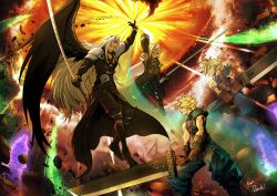  4boys absurdres arm_up armor black_coat blonde_hair buster_sword chest_strap clenched_teeth cloud_strife coat dual_persona final_fantasy final_fantasy_vii final_fantasy_vii_remake grey_hair highres holding holding_sword holding_weapon long_coat long_hair low_poly masamune_(ff7) meteor mochi_mangaka multiple_boys parted_bangs sephiroth shoulder_armor single_wing sleeveless sleeveless_turtleneck spiky_hair sword teeth turtleneck very_long_hair weapon wings 