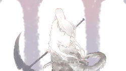  1girl cape column commentary_request dark_souls_(series) dark_souls_i dragon_girl from_behind full_body fur-tipped_tail fur_cape holding holding_scythe long_hair maou_skun pillar priscilla_the_crossbreed scythe solo standing white_background white_cape white_hair 