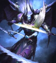  angry armor blue_skin chaos_(warhammer) clawed_gauntlets colored_skin cowboy_shot demon_wings dual_wielding emperor&#039;s_children extra_arms fulgrim gem green_gemstone highres holding holding_sword holding_weapon lamia long_hair looking_to_the_side mikhail_savier monster monster_girl motion_blur official_art open_mouth pauldrons power_armor primarch purple_armor rerebrace shoulder_armor slaanesh sword vambraces warhammer_40k weapon white_hair wing_armor wings 
